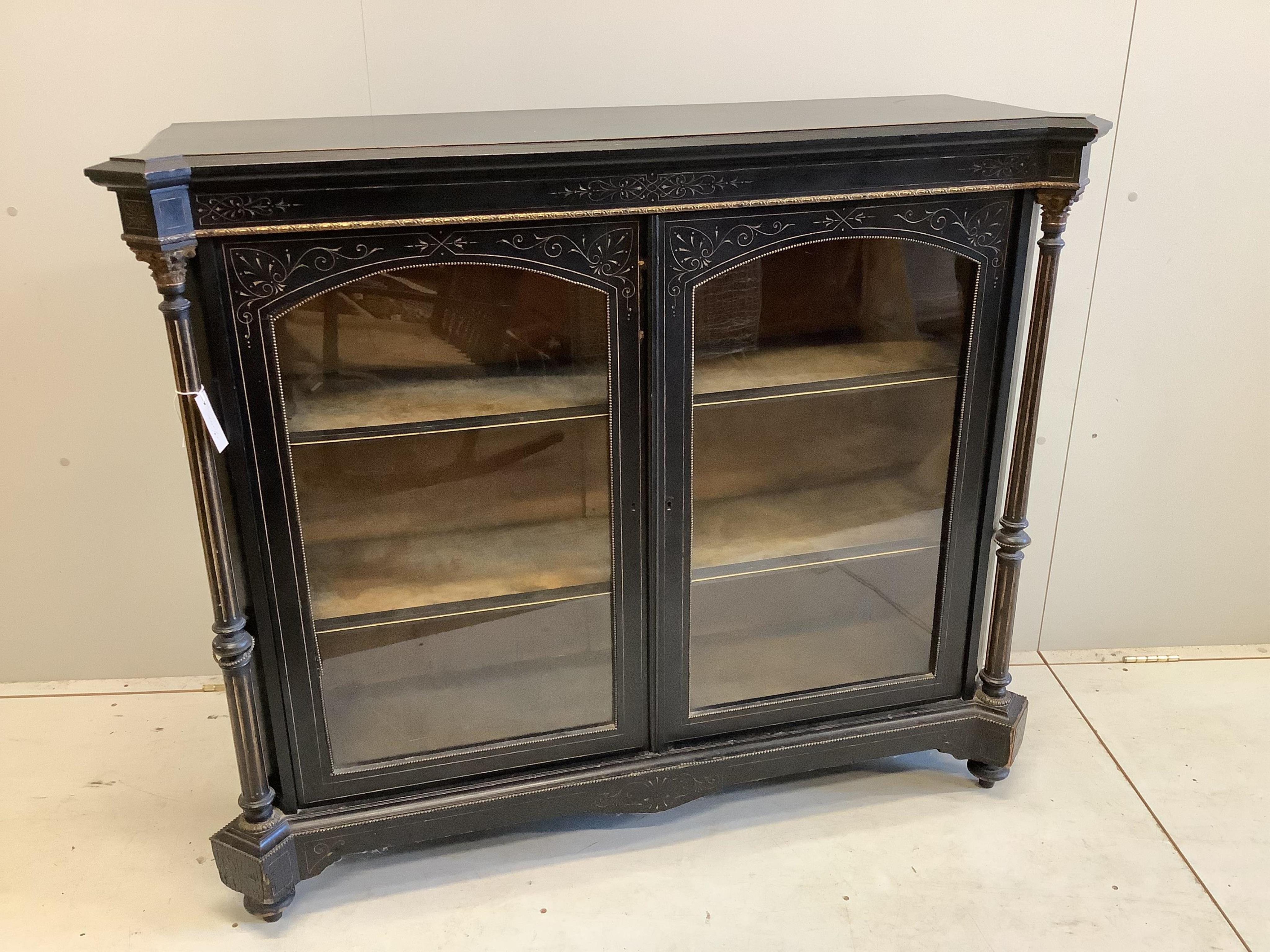 A late Victorian gilt metal mounted ebonised pier cabinet, width 124cm, depth 39cm, height 106cm. Condition - fair